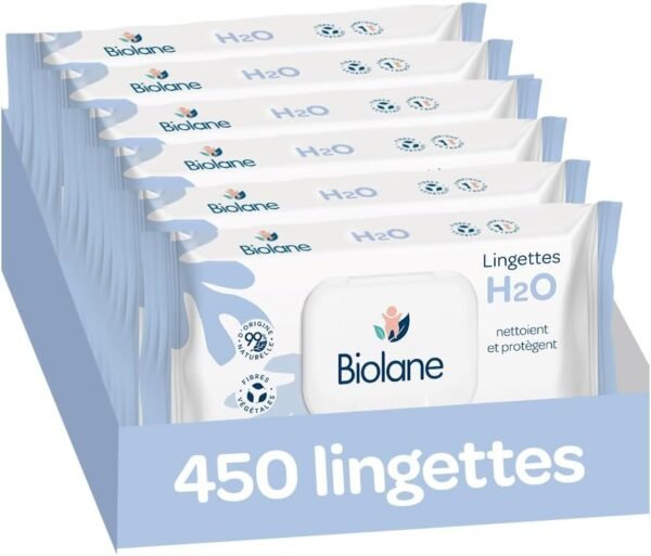 BIOLANE - Lingettes bébé à l'eau - 450 Lingettes - Lot de 6x75 - Nettoyage doux et efficace