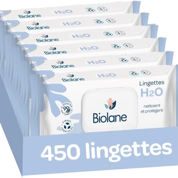 BIOLANE - Lingettes bébé à l'eau - 450 Lingettes - Lot de 6x75 - Nettoyage doux et efficace, vue 1