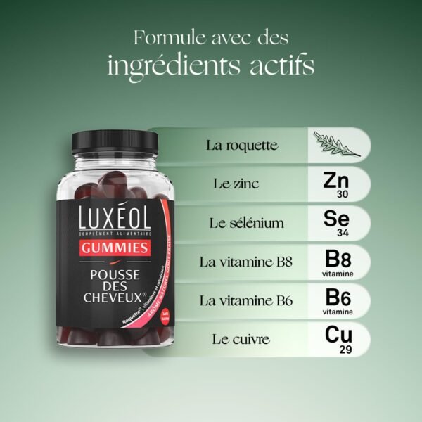 LUXÉOL - Gummies Pousse Cheveux - Stimulation Bulbe - Goût Fraise - 60 Gummies – Image 3