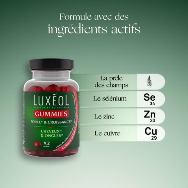 LUXÉOL - Gummies Force & Croissance - Cheveux & Ongles - Framboise - Sans Sucres - 60 unités – Image 4