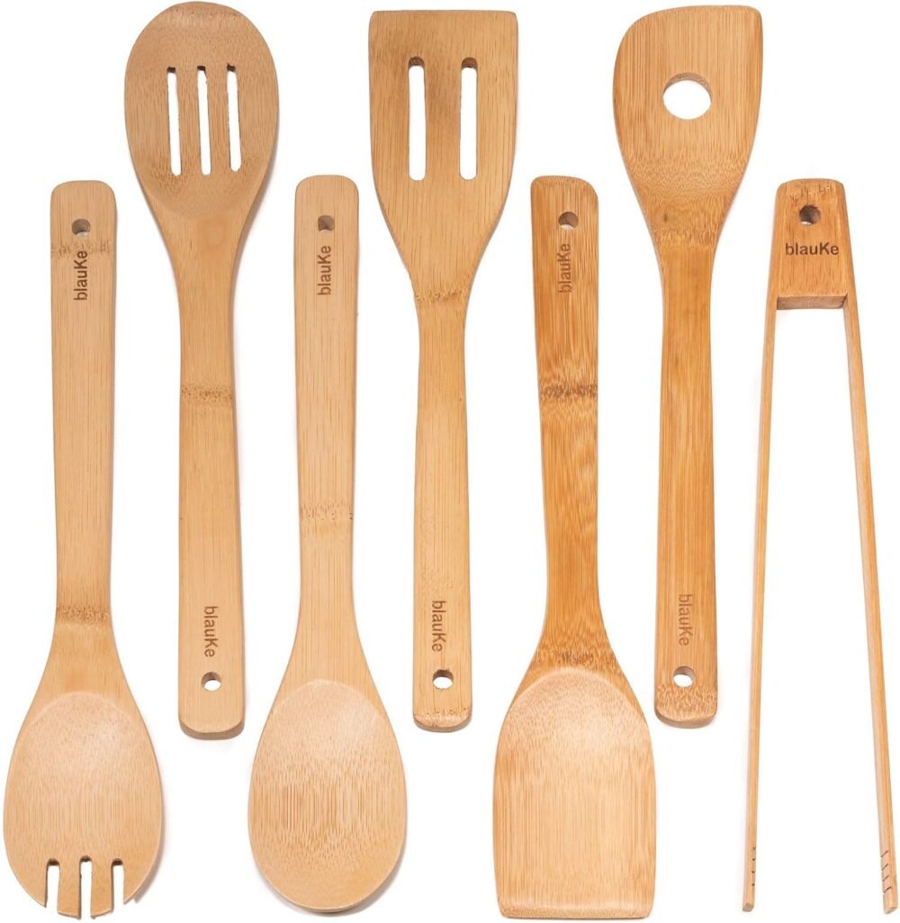 Ustensiles de Cuisine en Bois de Bambou 100% Écologiques et Naturels 7pcs - BlauKe®