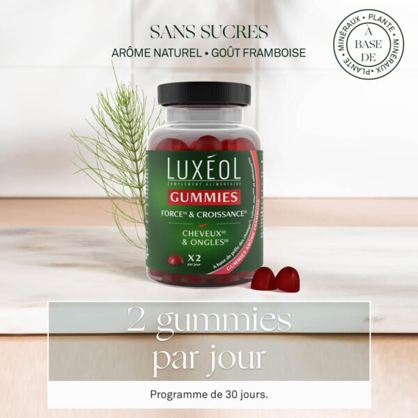 LUXÉOL - Gummies Force & Croissance - Cheveux & Ongles - Framboise - Sans Sucres - 60 unités – Image 3