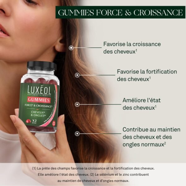 LUXÉOL - Gummies Force & Croissance - Cheveux & Ongles - Framboise - Sans Sucres - 60 unités – Image 2