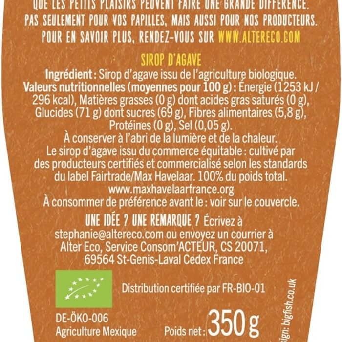 ALTER ECO - Sirop d'Agave Bio - Sucre Naturel Non Raffiné - 350g, vue 6