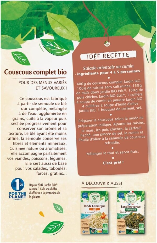 Jardin BiO étic - Couscous Complet Bio - Grain Moyen - 500g – Image 3