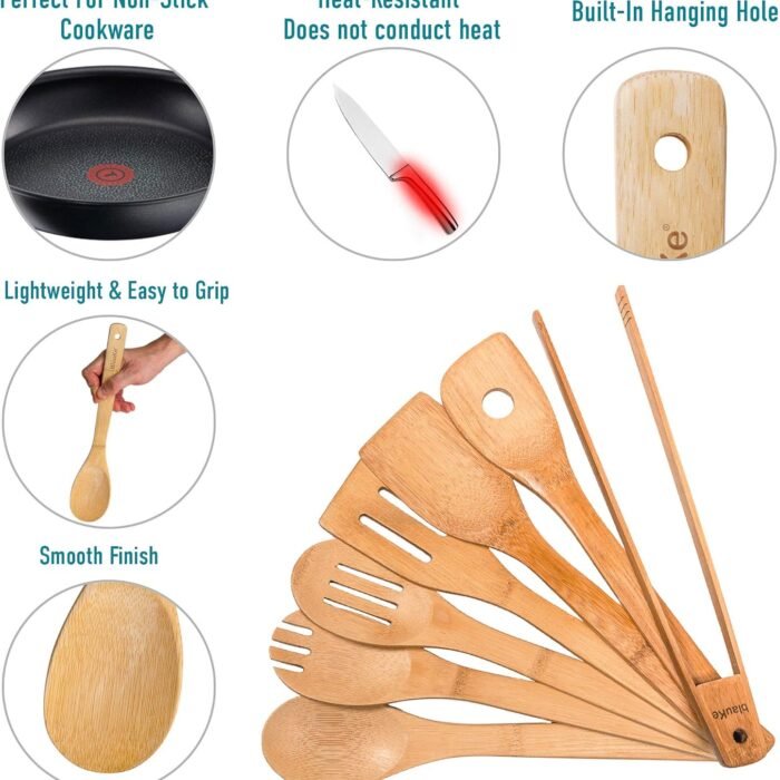 Ustensiles de Cuisine en Bois de Bambou 100% Écologiques et Naturels 7pcs - BlauKe®, vue 2