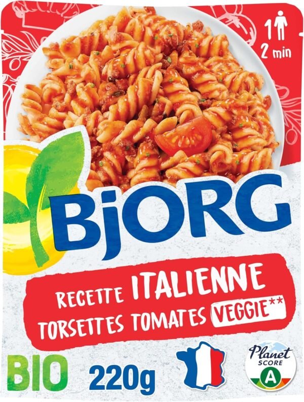 BJORG - Plat Cuisiné Torsettes Tomates à l'Italienne - Plat Préparé Bio - Doypack Micro-ondable 220 g