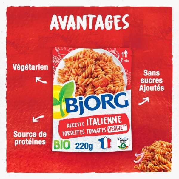 BJORG - Plat Cuisiné Torsettes Tomates à l'Italienne - Plat Préparé Bio - Doypack Micro-ondable 220 g – Image 2